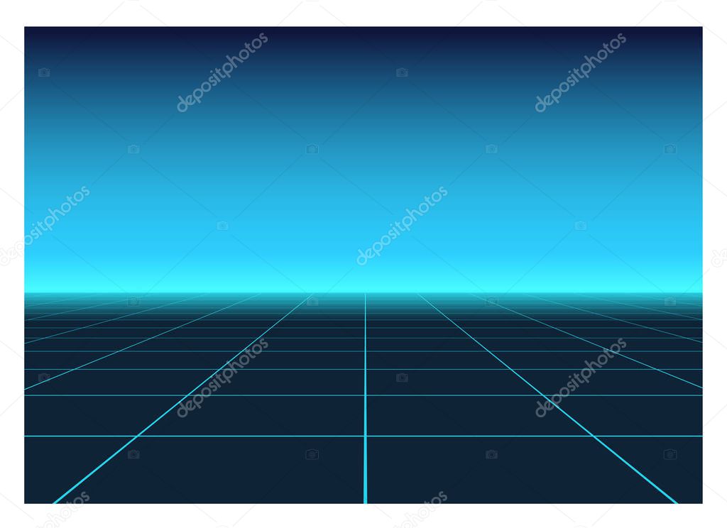 Perspective grid in Retro Futurism Style. Abstract bright background in 80s Sci-fi style.