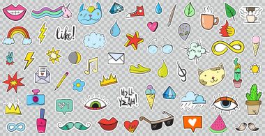 Büyük ayarla yamalar öğeleriyle çiçek, kalp, taç, bulut, dudaklar, posta, elmas, gözler gibi. Elle çizilmiş vektör. Şirin moda çıkartma koleksiyonu. Doodle Pop sanat kroki rozetleri ve toplu iğneler.