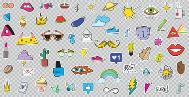 Büyük ayarla yamalar öğeleriyle çiçek, kalp, taç, bulut, dudaklar, posta, elmas, gözler gibi. Elle çizilmiş vektör. Şirin moda çıkartma koleksiyonu. Doodle Pop sanat kroki rozetleri ve toplu iğneler.