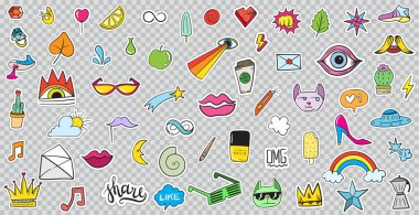 Büyük ayarla yamalar öğeleriyle çiçek, kalp, taç, bulut, dudaklar, posta, elmas, gözler gibi. Elle çizilmiş vektör. Şirin moda çıkartma koleksiyonu. Doodle Pop sanat kroki rozetleri ve toplu iğneler.