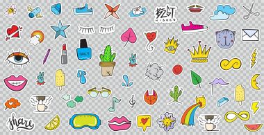 Büyük ayarla yamalar öğeleriyle çiçek, kalp, taç, bulut, dudaklar, posta, elmas, gözler gibi. Elle çizilmiş vektör. Şirin moda çıkartma koleksiyonu. Doodle Pop sanat kroki rozetleri ve toplu iğneler.