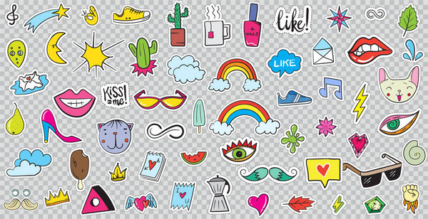 Большой набор пластырей, таких как Цветок, Сердце, Корона, Озил, Губы, Почта, Алмаз, Глаза. Вектор с рисунком. Милая коллекция модных стикеров. Doodle Pop Art Sketch Badges and Pins
.