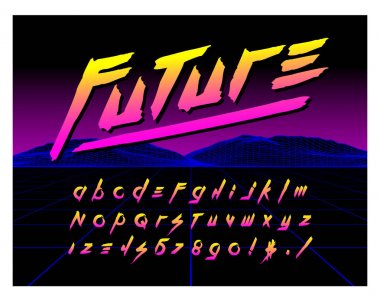 80 's Retro fütürizm stili yazı tipi. Vektör fırça konturu alfabe. Retro fütürizm eski Vhs stil. Fütüristik oyun ya da müzik
