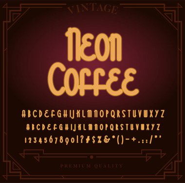 Parlak Neon alfabesi harfleri, sayıları ve sembolleri vektör oturum açın. Gece şovu. Gece kulübü.