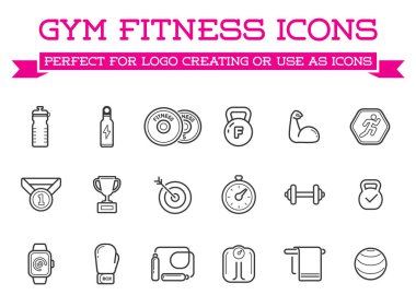 Vector Fitness Spor Salonu Elementleri ve Fitness Simgeleri Tanıtımı seti, logo veya simge olarak yüksek kalitede kullanılabilir