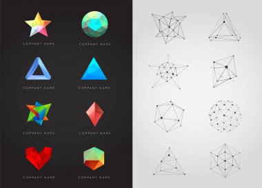 Olağandışı ve soyut büyük Geometrik Şekiller Kümesi. Vektör logosu. Çokgen Renkli Logottipler.