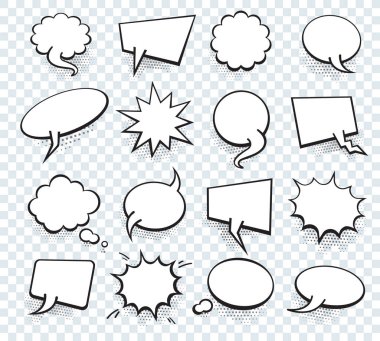 Pop Art tarzında boş şablon seti. Vektör Komedi Metni Konuşması Bubble Yarım Tonlama Arkaplanı. Çizgi roman kitaplarının boş bulut diyalog alanı Çizgi film kutusu pop-art için. 