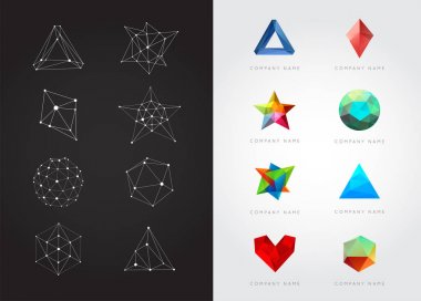 Olağandışı ve soyut büyük Geometrik Şekiller Kümesi. Vektör logosu. Çokgen Renkli Logottipler.
