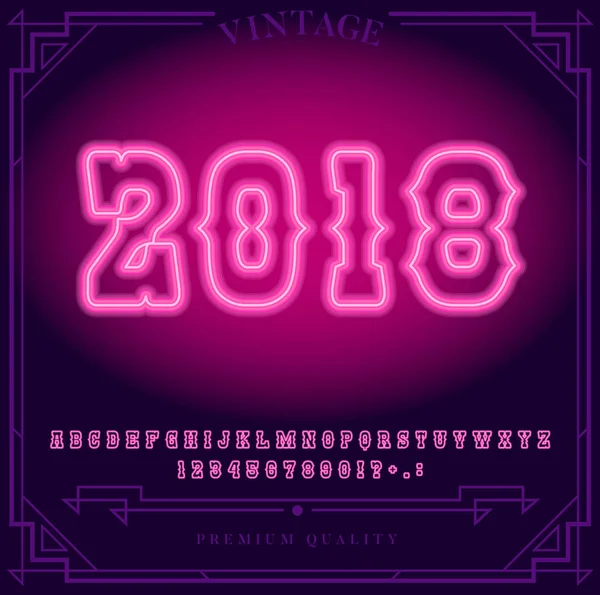 Dovolená Šťastný Nový Rok 2018 Zářivě Neonová Abeceda Písmena Číslice — Stockový vektor