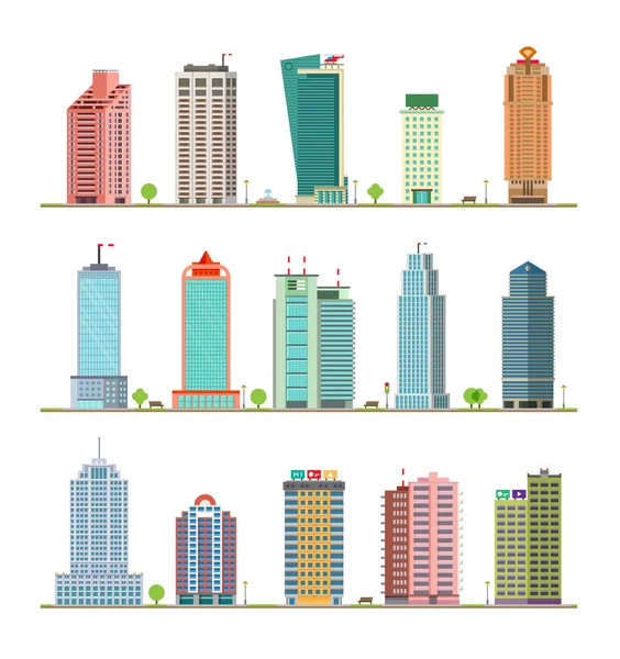 Modern Şehir Binalar Evler Düz Vector Icons Set — Stok Vektör