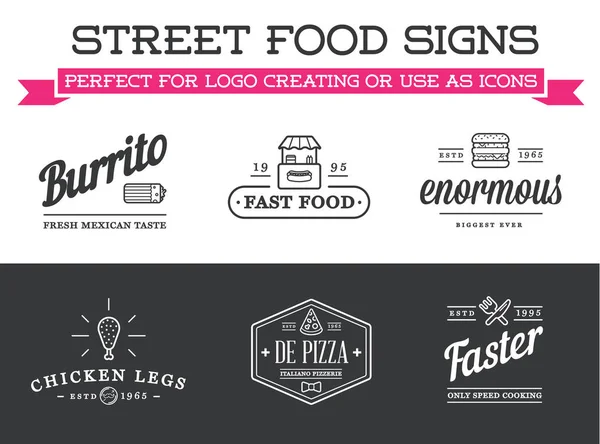 Conjunto Vector Street Food Signos Comida Rápida Con Iconos Puede — Vector de stock