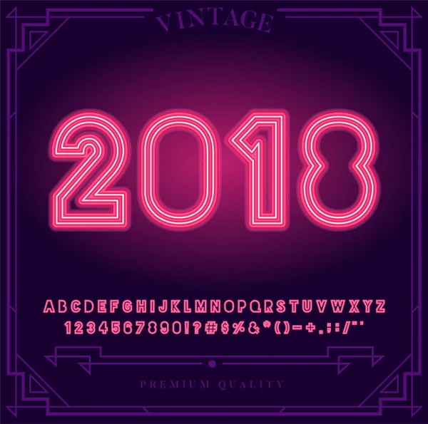 Feliz Año Nuevo 2018 Letras Brillantes Del Alfabeto Neón Números — Vector de stock