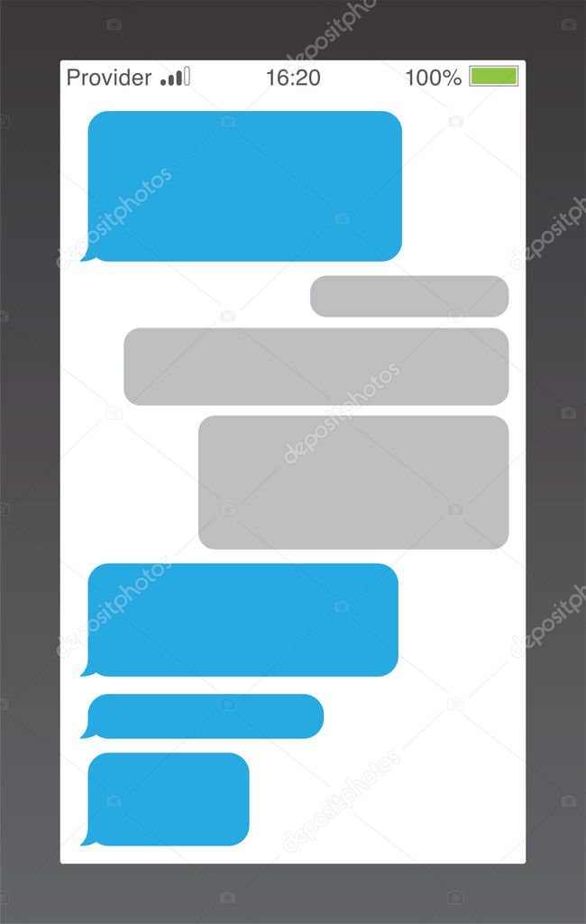 Messenger short message service bubbles. Text chat sms boxes. Empty messaging bubles template.