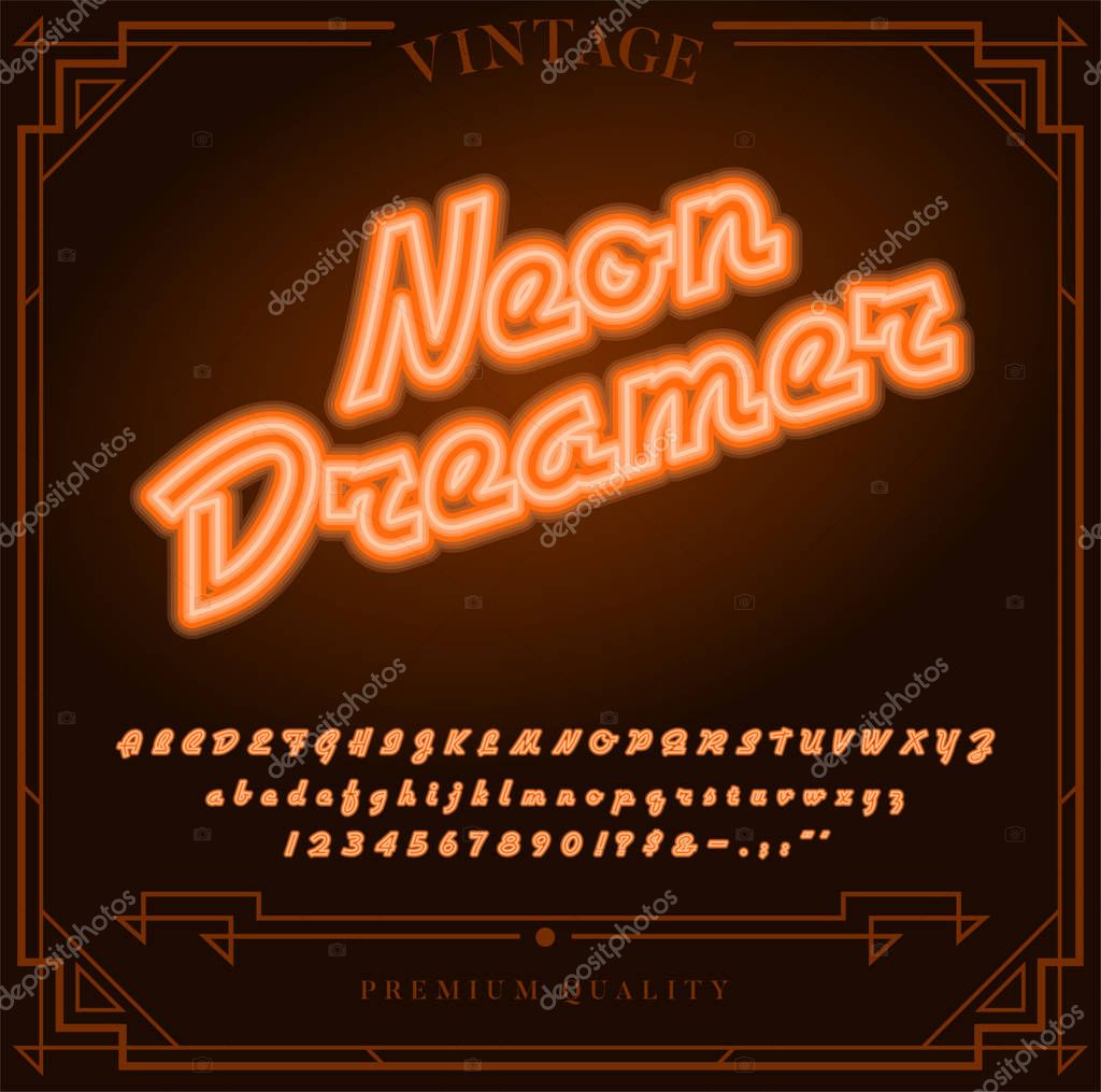 Bright Neon Alphabet Letters, Numbers and Symbols Sign in Vector. Night Show. Night Club.