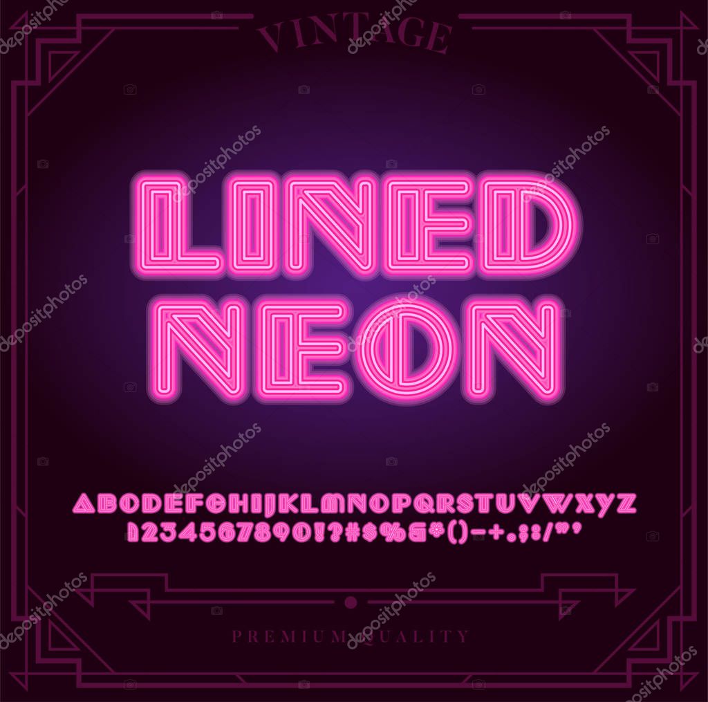 Bright Neon Alphabet Letters, Numbers and Symbols Sign in Vector. Night Show. Night Club.