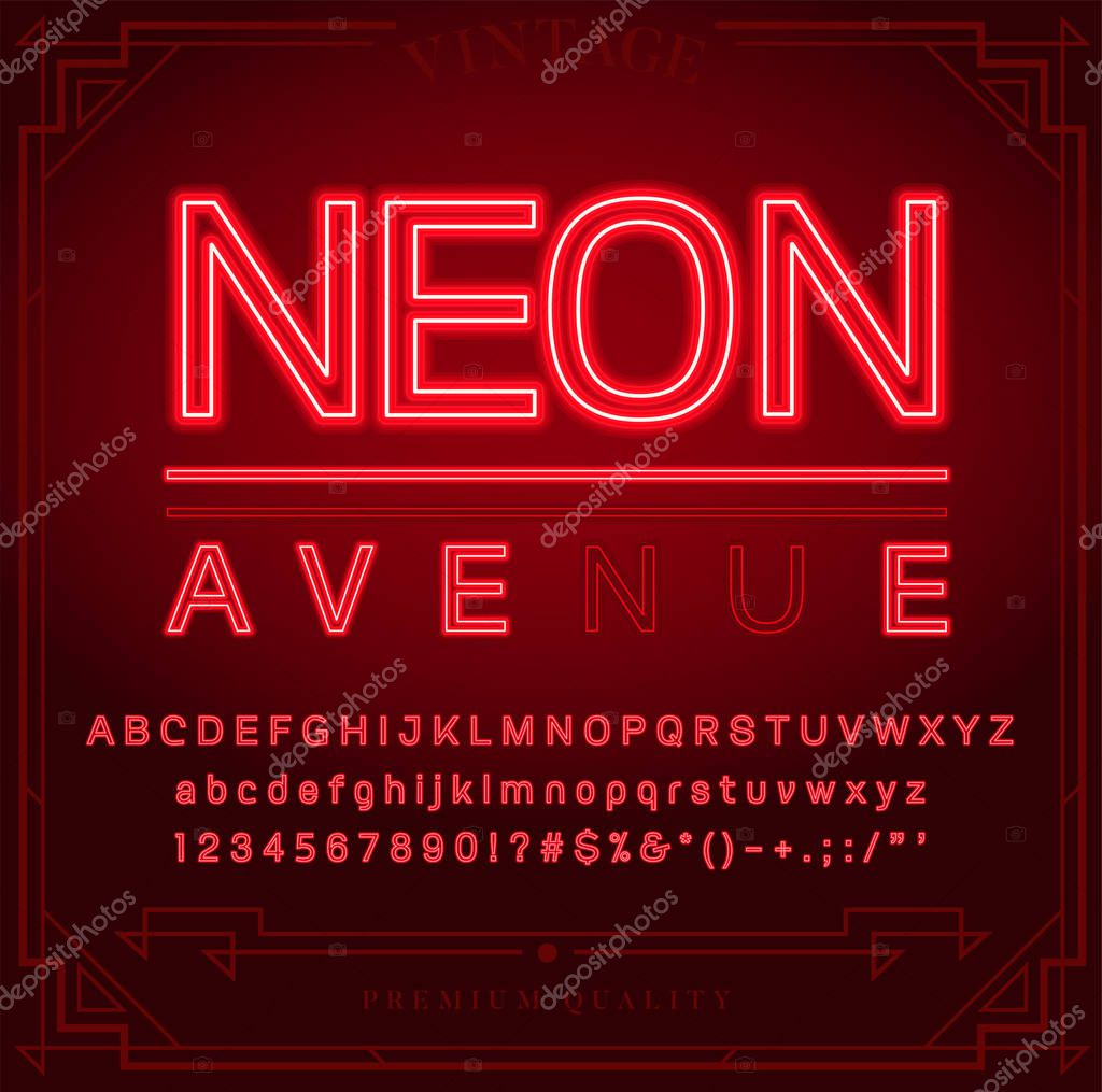 Bright Neon Alphabet Letters, Numbers and Symbols Sign in Vector. Night Show. Night Club.