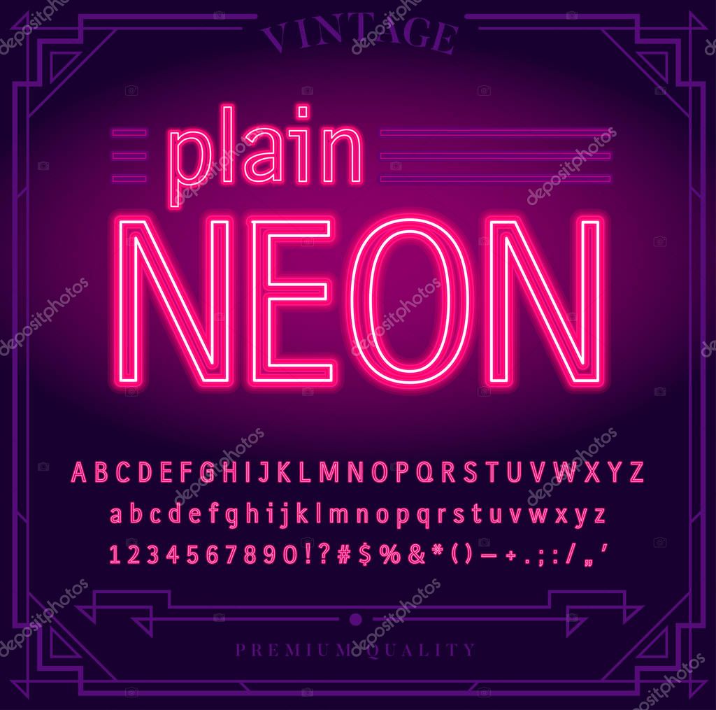 Bright Neon Alphabet Letters, Numbers and Symbols Sign in Vector. Night Show. Night Club.