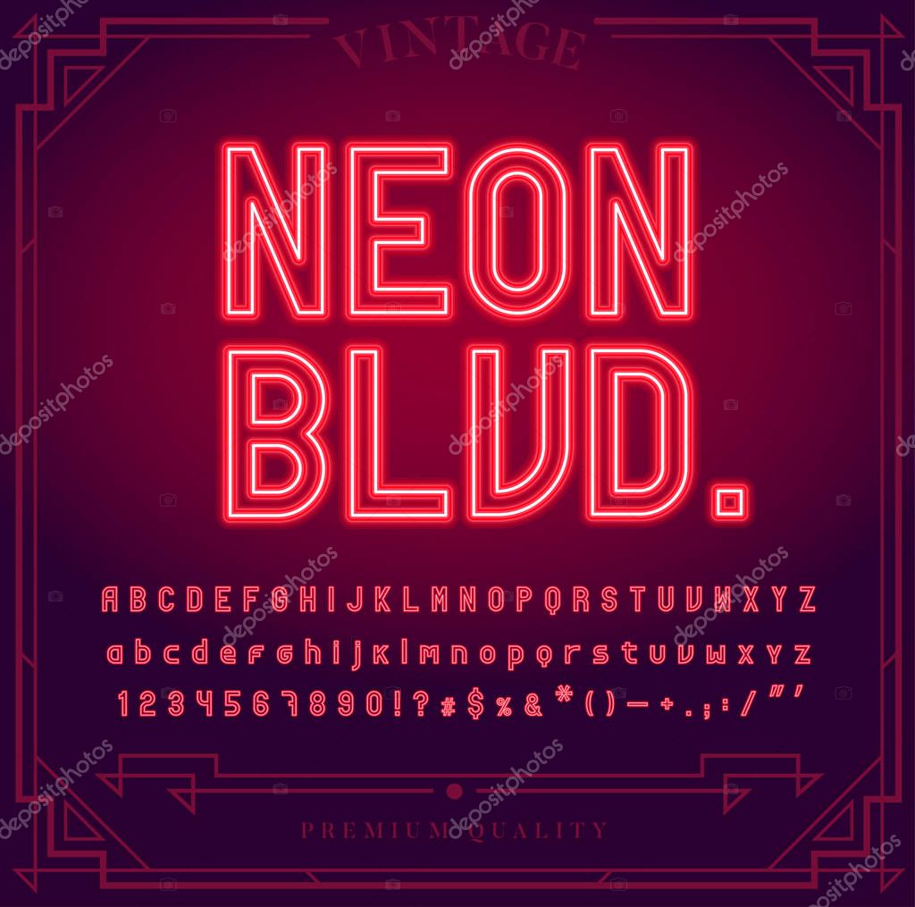 Bright Neon Alphabet Letters, Numbers and Symbols Sign in Vector. Night Show. Night Club.