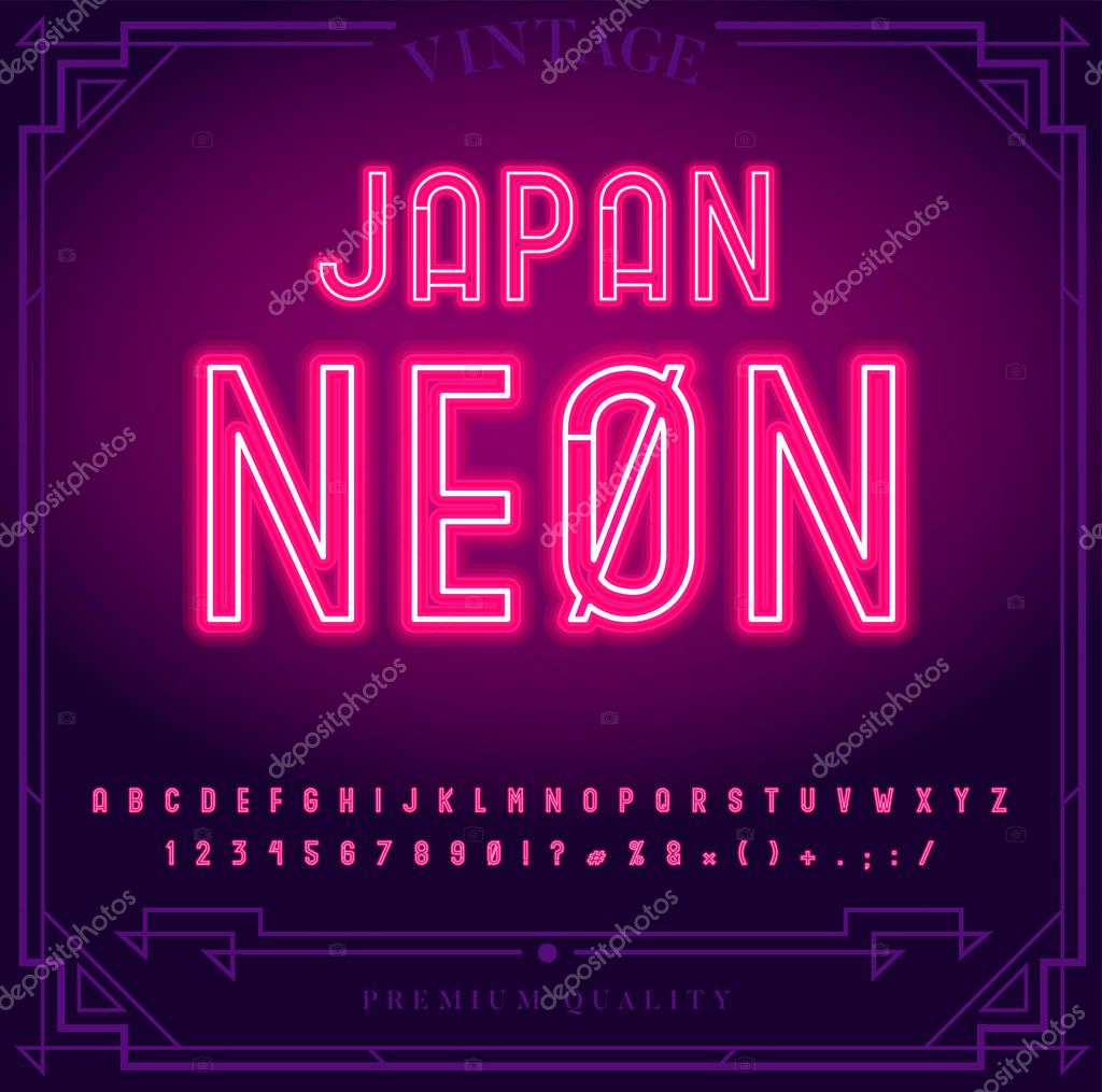Bright Neon Alphabet Letters, Numbers and Symbols Sign in Vector. Night Show. Night Club.