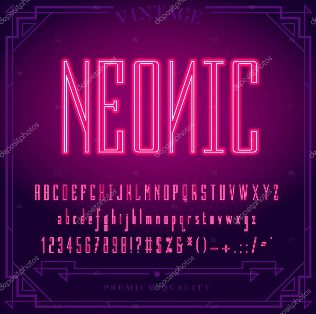 Bright Neon Alphabet Letters, Numbers and Symbols Sign in Vector. Night Show. Night Club.