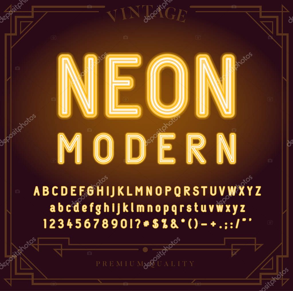 Bright Neon Alphabet Letters, Numbers and Symbols Sign in Vector. Night Show. Night Club.