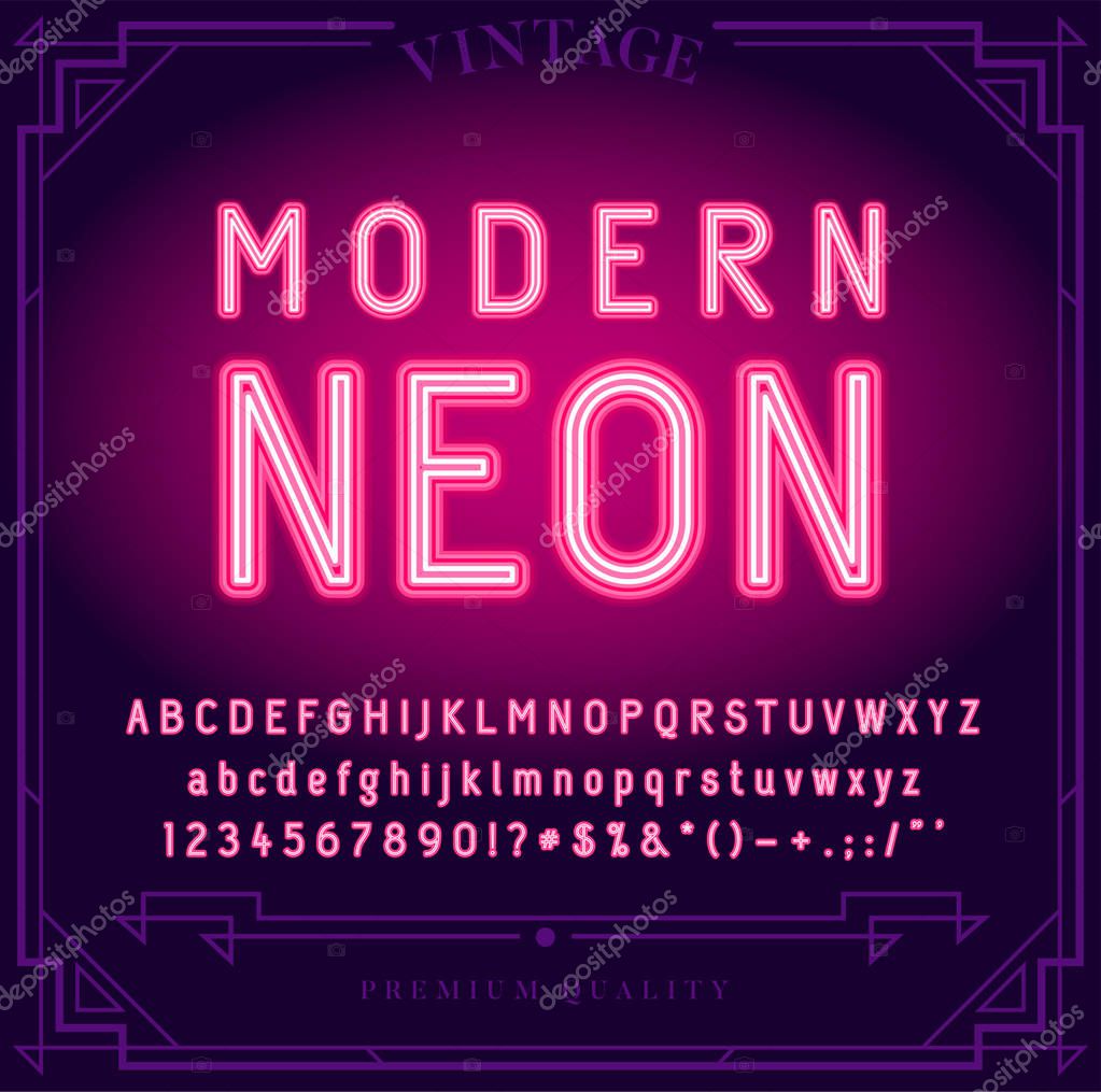 Bright Neon Alphabet Letters, Numbers and Symbols Sign in Vector. Night Show. Night Club.