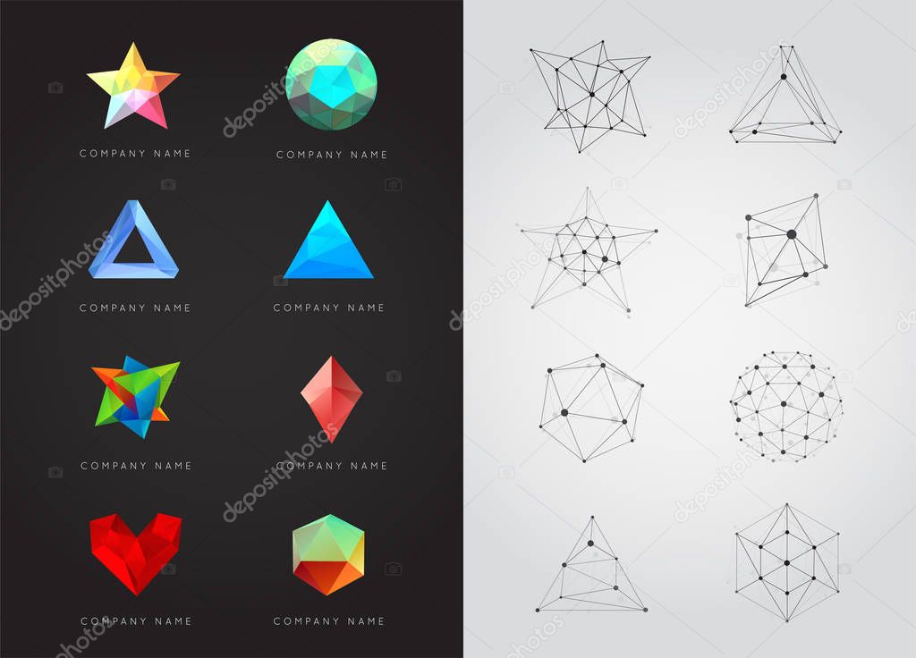 Big Set of Geometric Shapes Unusual and Abstract. Vector Logo. Polygonal Colorful Logotypes.