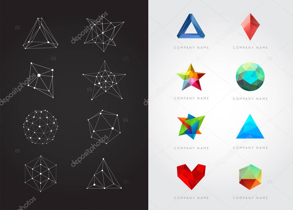 Big Set of Geometric Shapes Unusual and Abstract. Vector Logo. Polygonal Colorful Logotypes.