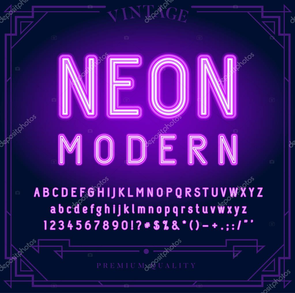 Bright Neon Alphabet Letters, Numbers and Symbols Sign in Vector. Night Show. Night Club.