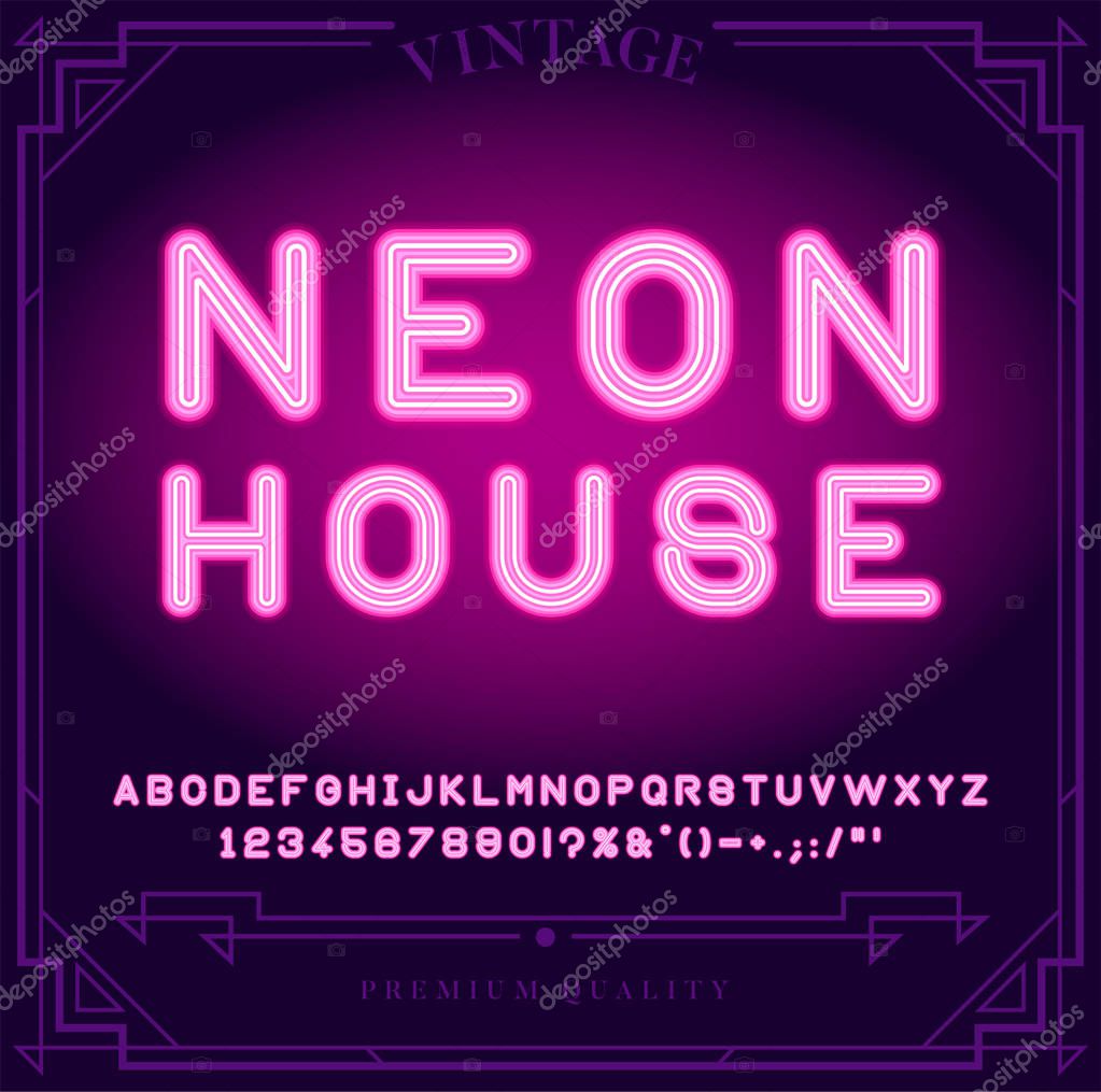 Bright Neon Alphabet Letters, Numbers and Symbols Sign in Vector. Night Show. Night Club.