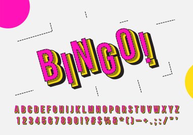 Modern renkli yazı tipi, alfabe, sayı ve sembol ama Retro