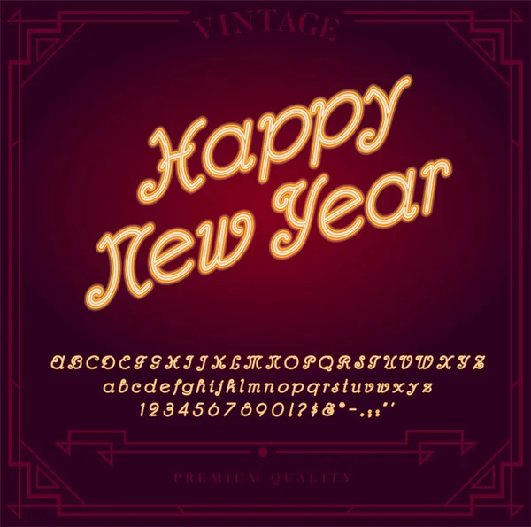 Feliz Ano Novo Letras Números Símbolos Alfabeto Neon Brilhante Entrar — Vetor de Stock