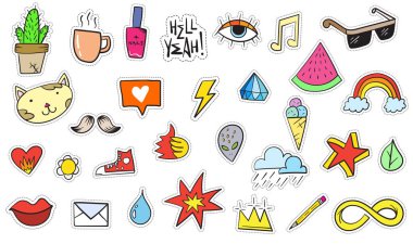 Şirin renkli Modern yama ayarlayın. Moda yamalar. Çizgi film 80 - 90 's tarzı. Vektör çizim