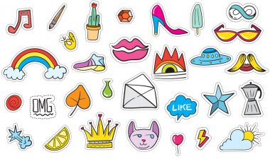 Şirin renkli Modern yama ayarlayın. Moda yamalar. Çizgi film 80 - 90 's tarzı. Vektör çizim