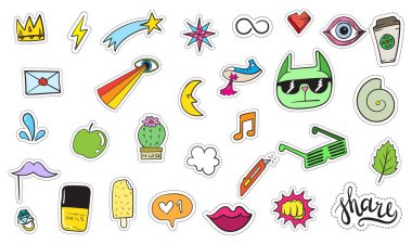 Şirin renkli Modern yama ayarlayın. Moda yamalar. Çizgi film 80 - 90 's tarzı. Vektör çizim