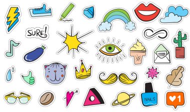 Şirin renkli Modern yama ayarlayın. Moda yamalar. Çizgi film 80 - 90 's tarzı. Vektör çizim