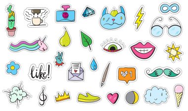 Şirin renkli Modern yama ayarlayın. Moda yamalar. Çizgi film 80 - 90 's tarzı. Vektör çizim