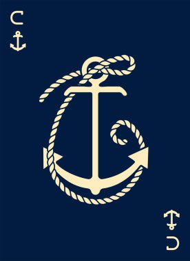 Vintage etiket bir çapa ve mektup ile gemi halatı yaptı. Giyim t-shirt veya afiş tasarımı. Logo Monogram ile iskambil tarz. Vektör çizim.