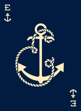 Vintage etiket bir çapa ve mektup ile gemi halatı yaptı. Giyim t-shirt veya afiş tasarımı. Logo Monogram ile iskambil tarz. Vektör çizim.