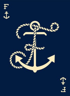 Vintage etiket bir çapa ve mektup ile gemi halatı yaptı. Giyim t-shirt veya afiş tasarımı. Logo Monogram ile iskambil tarz. Vektör çizim.