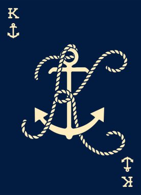 Vintage etiket bir çapa ve mektup ile gemi halatı yaptı. Giyim t-shirt veya afiş tasarımı. Logo Monogram ile iskambil tarz. Vektör çizim.