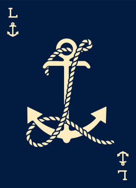 Vintage etiket bir çapa ve mektup ile gemi halatı yaptı. Giyim t-shirt veya afiş tasarımı. Logo Monogram ile iskambil tarz. Vektör çizim.