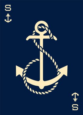 Vintage etiket bir çapa ve mektup ile gemi halatı yaptı. Giyim t-shirt veya afiş tasarımı. Logo Monogram ile iskambil tarz. Vektör çizim.