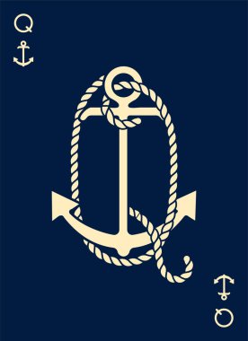 Vintage etiket bir çapa ve mektup ile gemi halatı yaptı. Giyim t-shirt veya afiş tasarımı. Logo Monogram ile iskambil tarz. Vektör çizim.