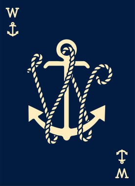 Vintage etiket bir çapa ve mektup ile gemi halatı yaptı. Giyim t-shirt veya afiş tasarımı. Logo Monogram ile iskambil tarz. Vektör çizim.