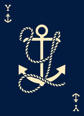 Vintage etiket bir çapa ve mektup ile gemi halatı yaptı. Giyim t-shirt veya afiş tasarımı. Logo Monogram ile iskambil tarz. Vektör çizim.