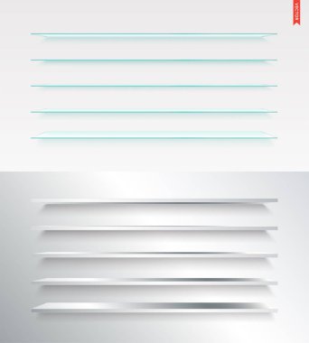 Cam, ahşap, plastik, Metal uzun raf üzerinde duvar arka plan izole vektör kümesi