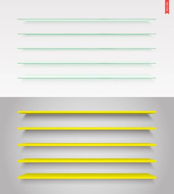 Cam, ahşap, plastik, Metal uzun raf üzerinde duvar arka plan izole vektör kümesi