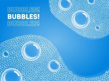 Şampuan sabun köpük banyosu veya Sud. Vektör. Mavi su arka plan şeffaf köpük.