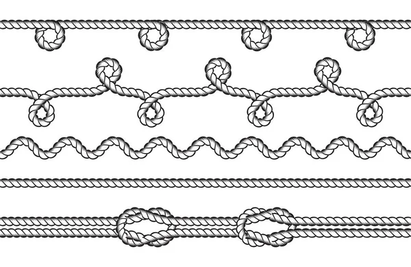 Conjunto Borde Cuerda Atar Nudo Nudo Marinero Cuerda Girando Aislado — Vector de stock